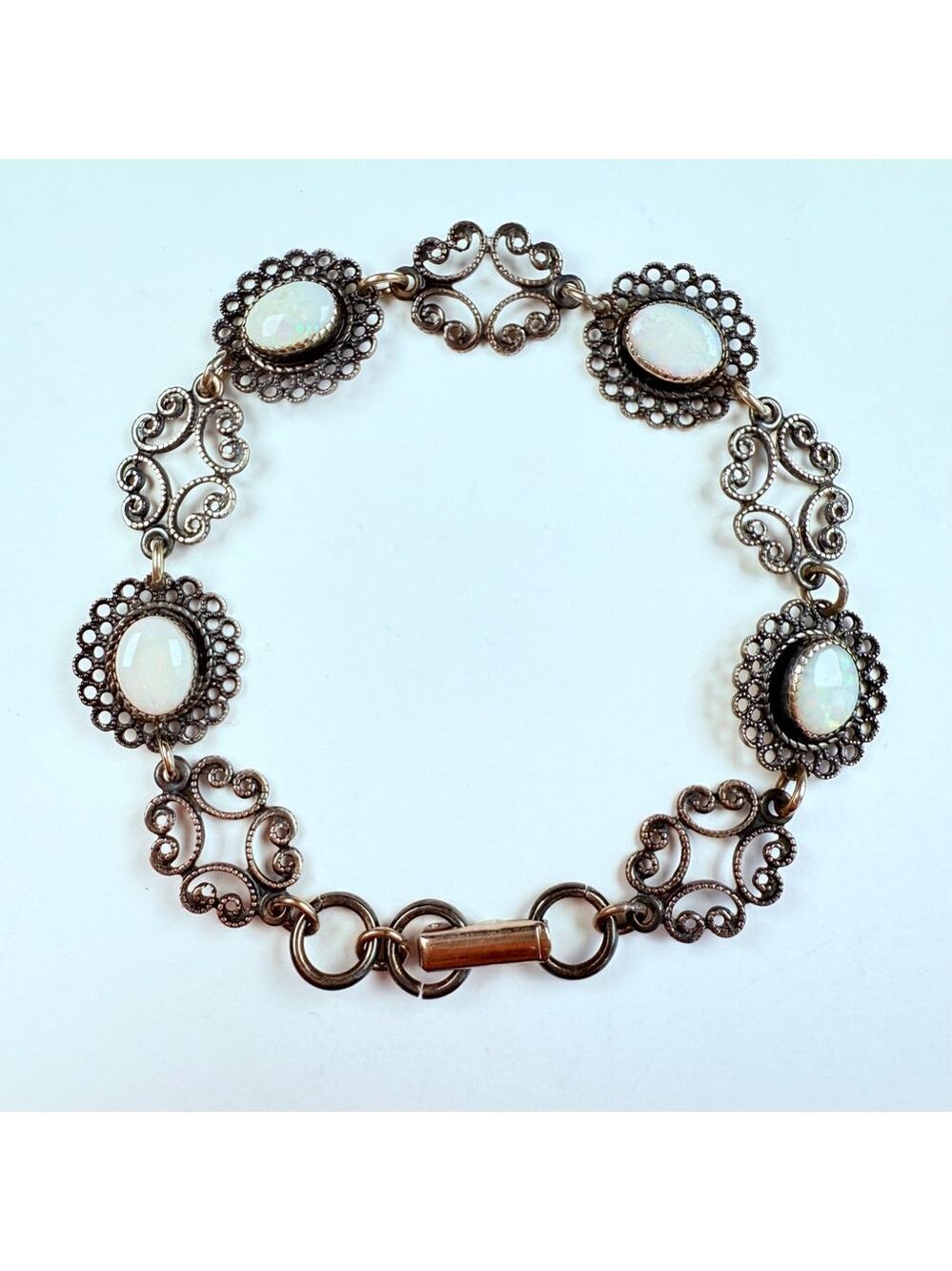 BEAU 3 TCW Opal Cabochon Filigree Scroll Link Sterling Silver 925 VTG Bracelet